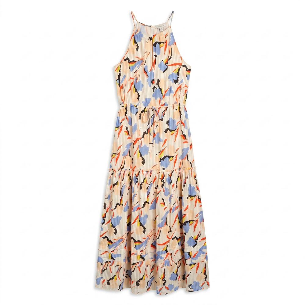 Joie 60% Cotton 40% Silk Abstract Print Tiered Halter Maxi Dress